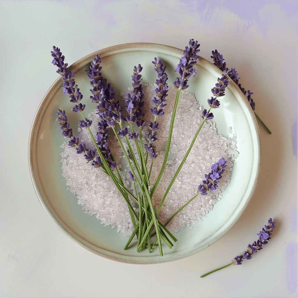white sugar in a ceramic bowl with flower spikes of lavender lying on top