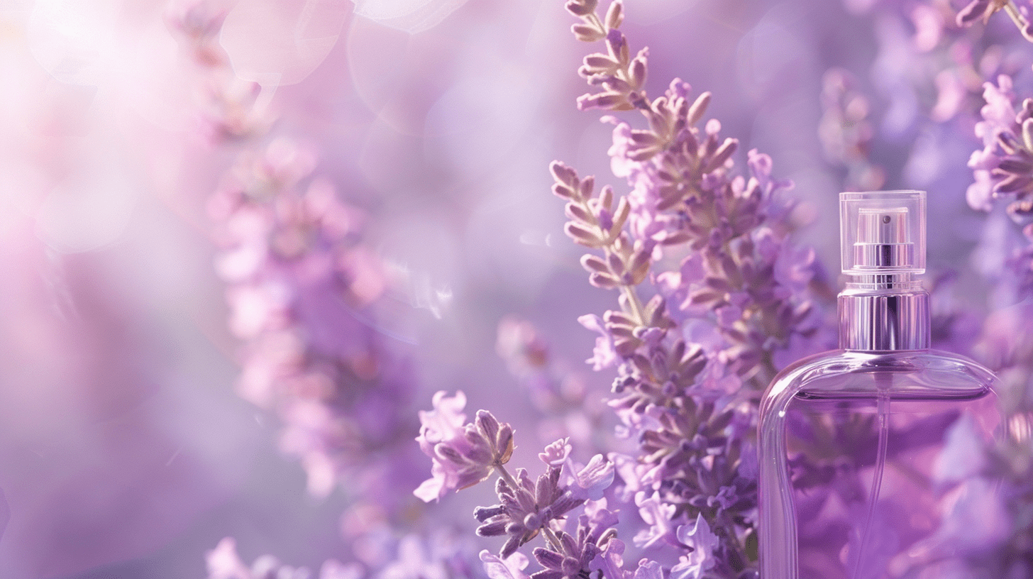 A pretty bottle of lavender water with some pink lavender in the background A pretty bottle of lavender water with some pink lavender in the background