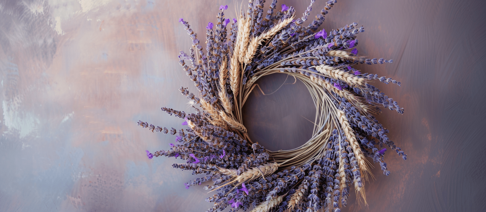 a lavender and wheat wreath on a lavender-pink background