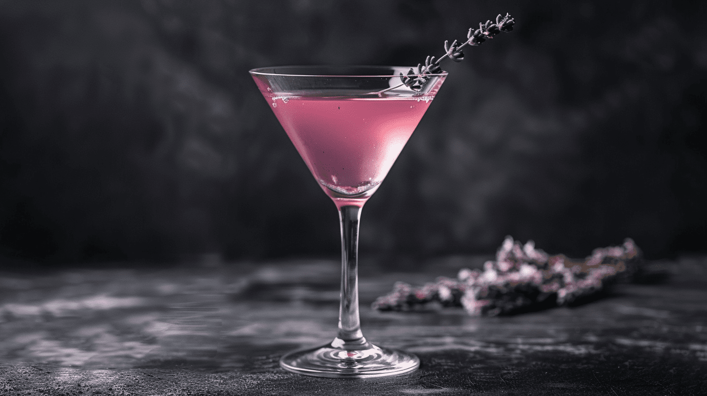 a lavender cosmopolitan in a martini glass against a black backdrop. a lavender cosmopolitan in a martini glass against a black backdrop.
