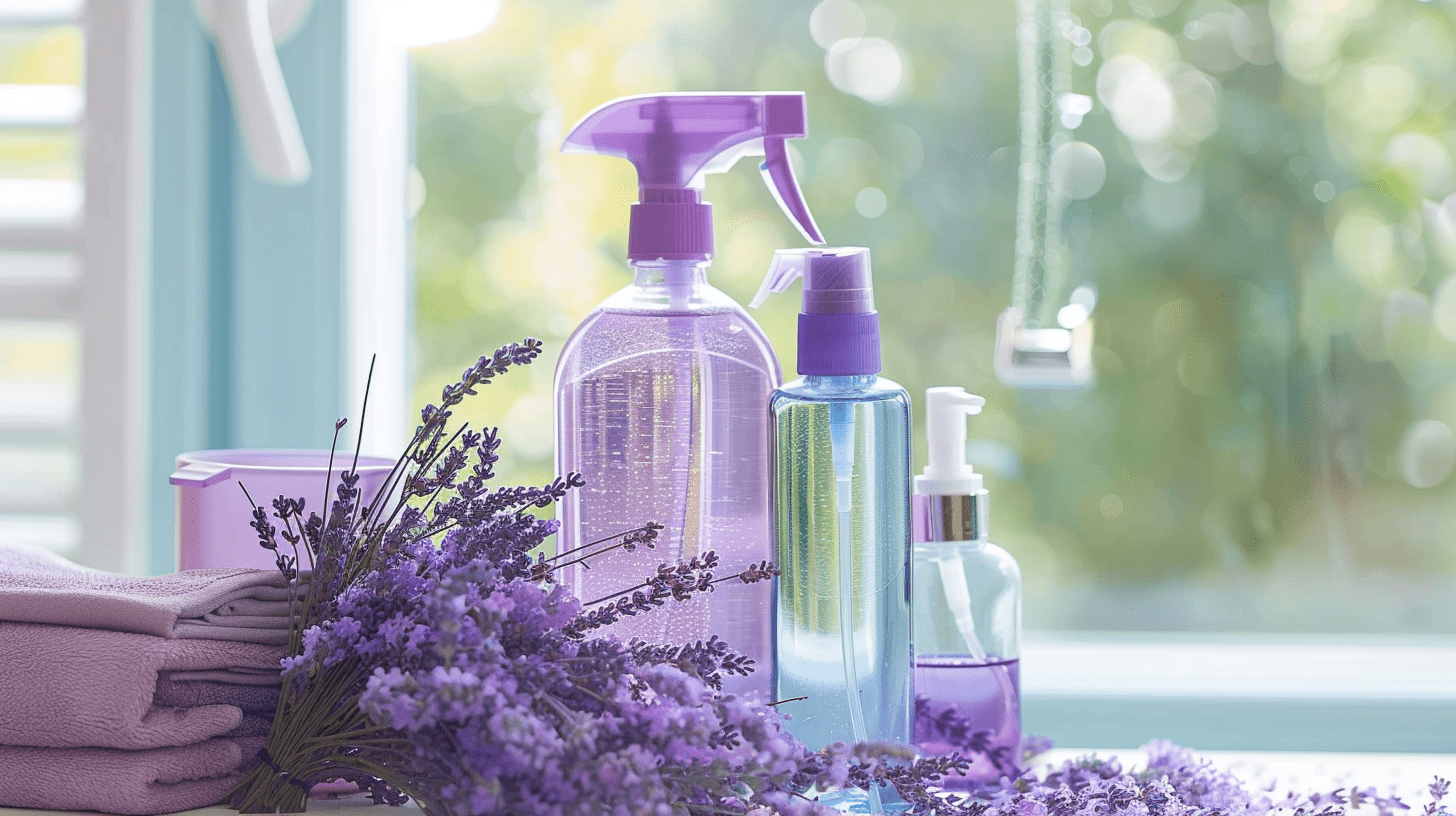 A stack of towels on a kitchen table with spray bottles and a window in the background