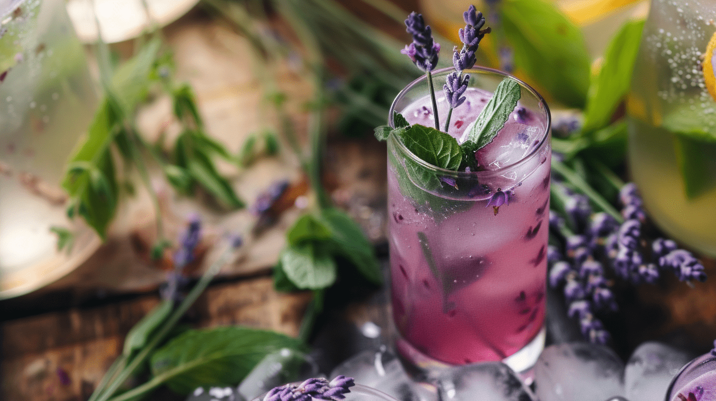 A lavender mojito in a glass with lavender flowers in the glass
