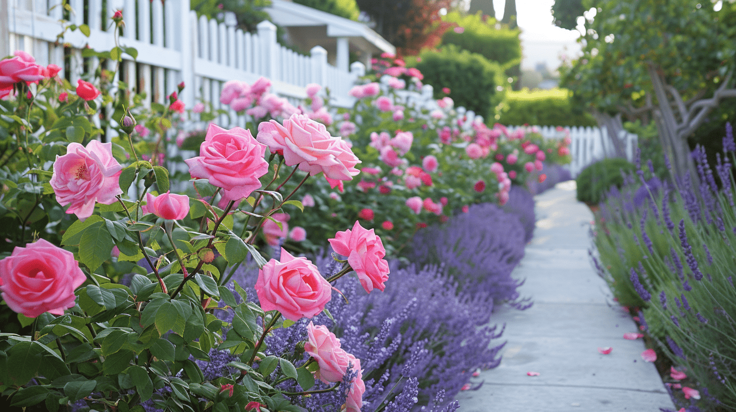 a white picket fence with roses and lavender interspersed along a pathway a white picket fence with roses and lavender interspersed along a pathway