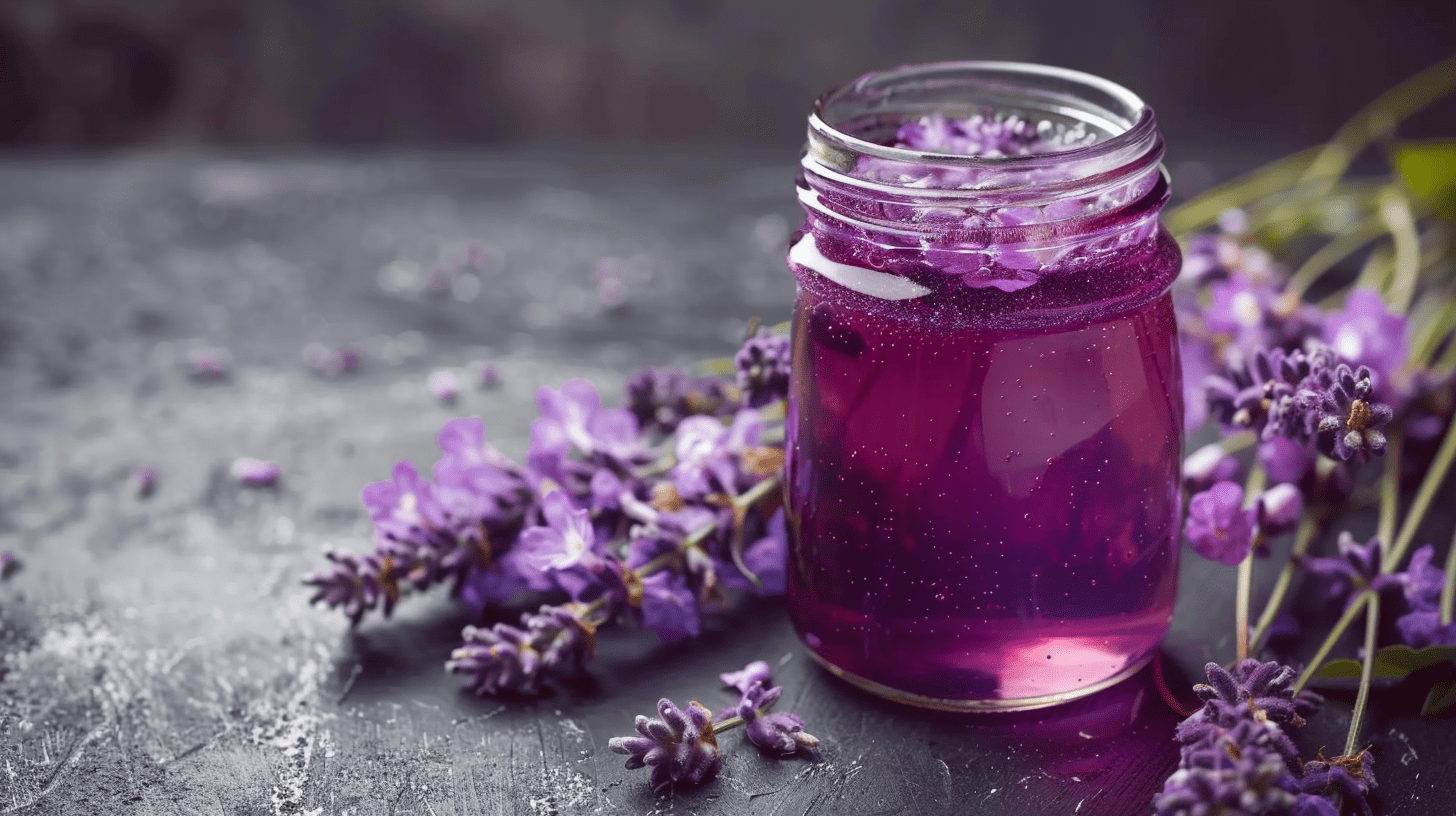lavender syrup in an open jar surrounded by lavender lavender syrup in an open jar surrounded by lavender