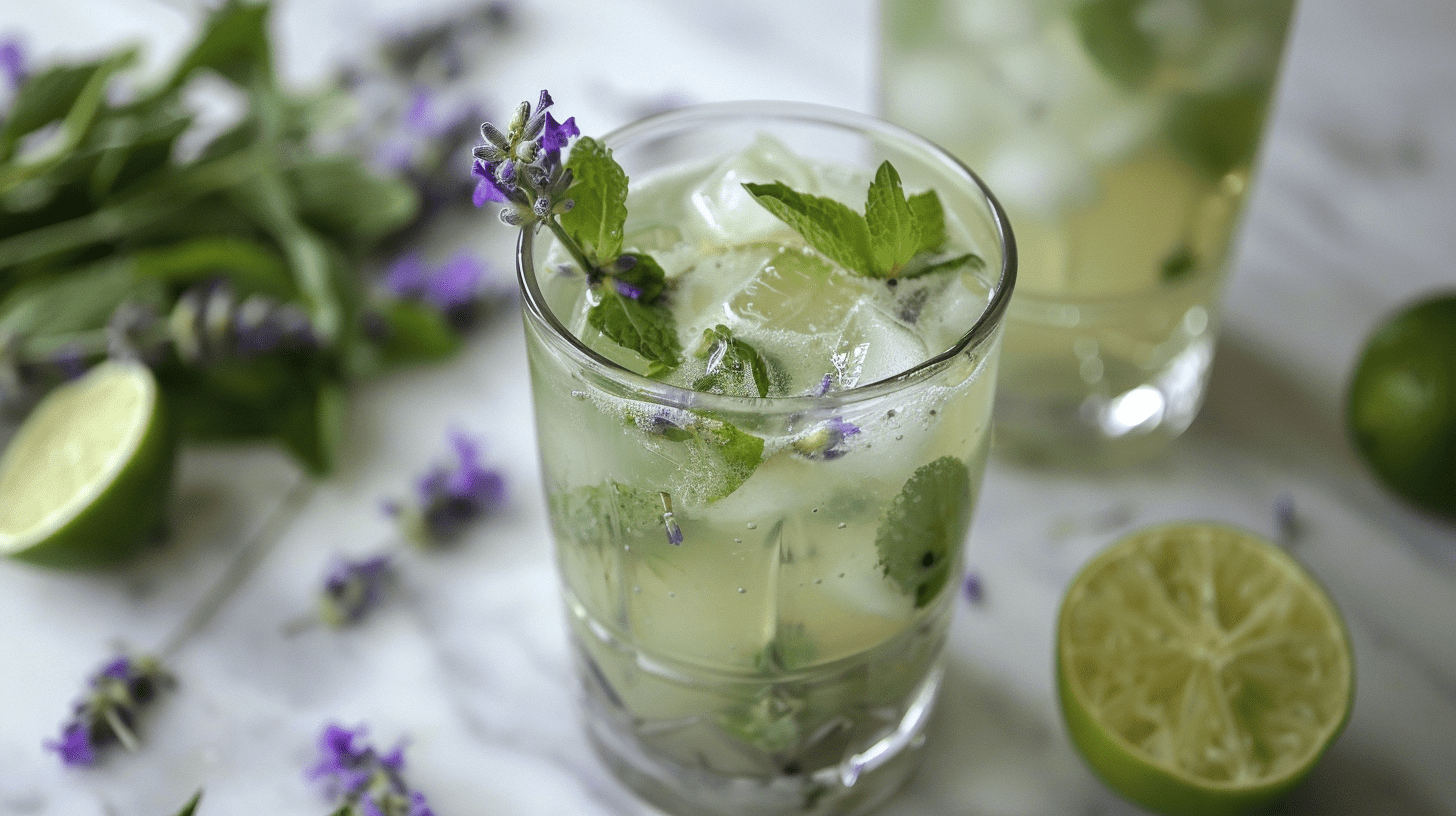 Two glasses of lime and lavender mojito with ice cubes, lime slices and a half lime on the right of the glass with some lavender sprigs