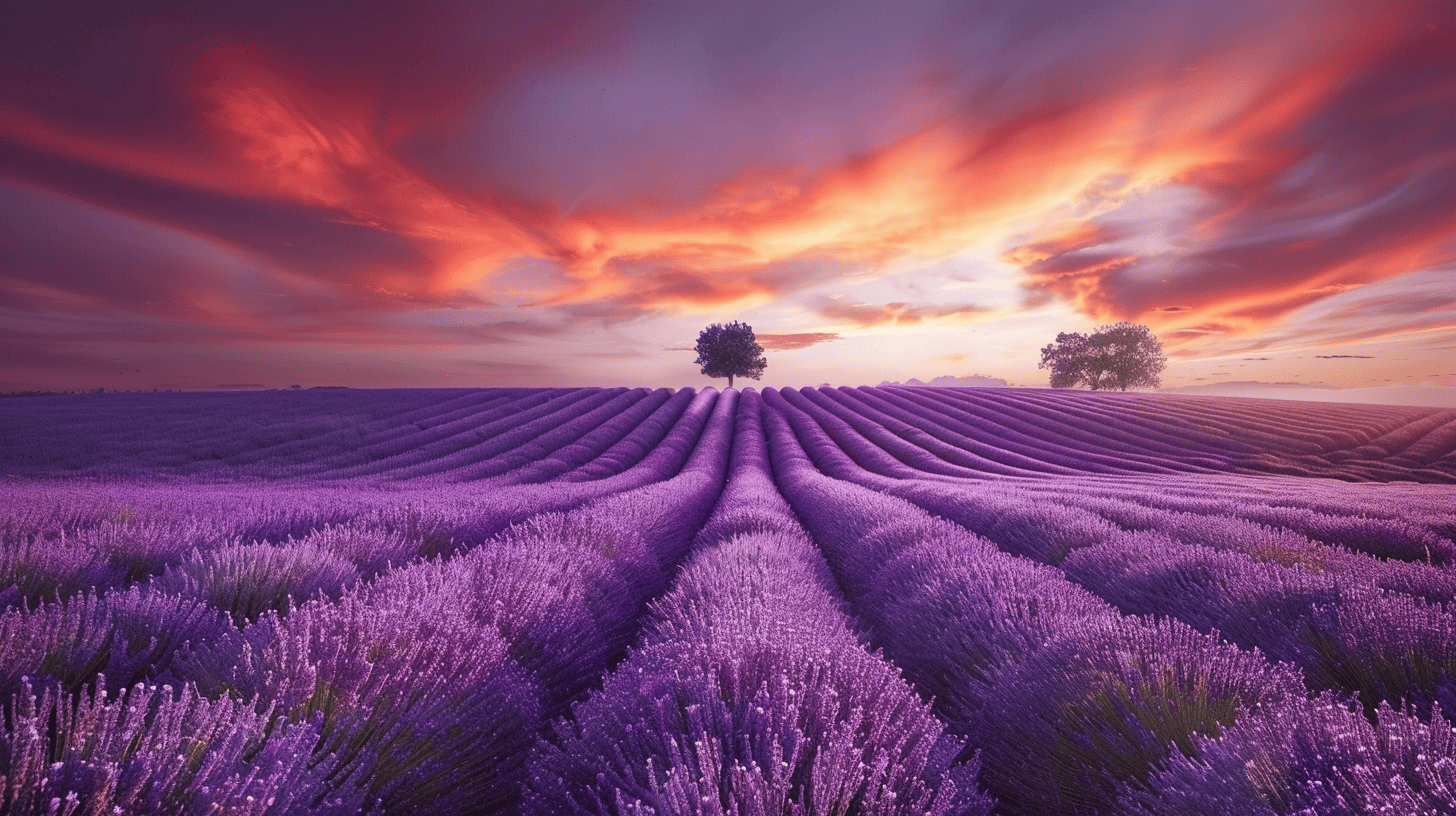 Purple lavender fields set against an orange sky at sunset Purple lavender fields set against an orange sky at sunset