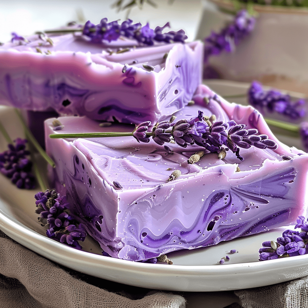 2 slices of homemade lavender soap on a ceramic plate decorated with lavender buds 2 slices of homemade lavender soap on a ceramic plate decorated with lavender buds