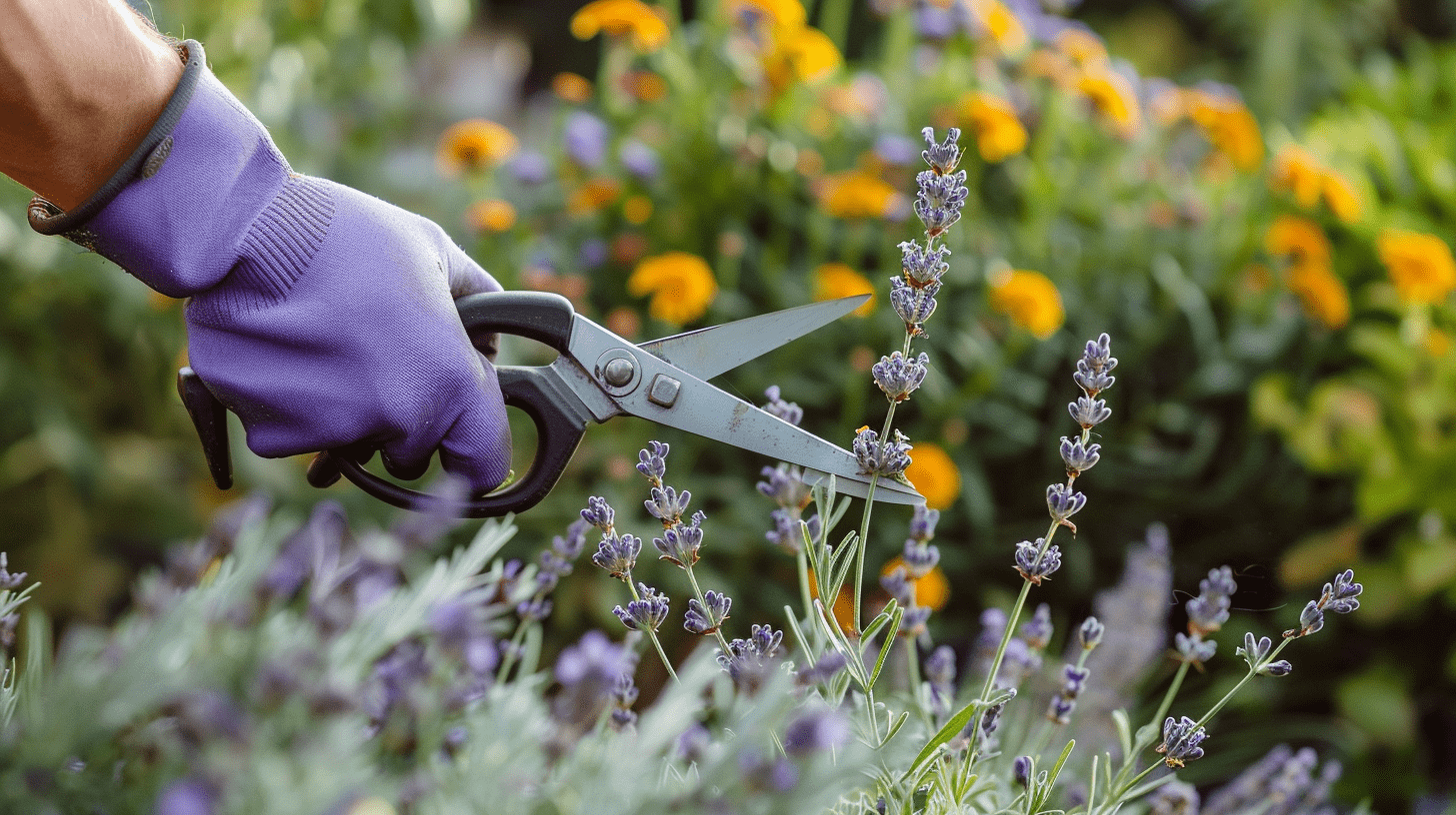 a man wearing gloves using a pair of secateurs to prune a lavender plant