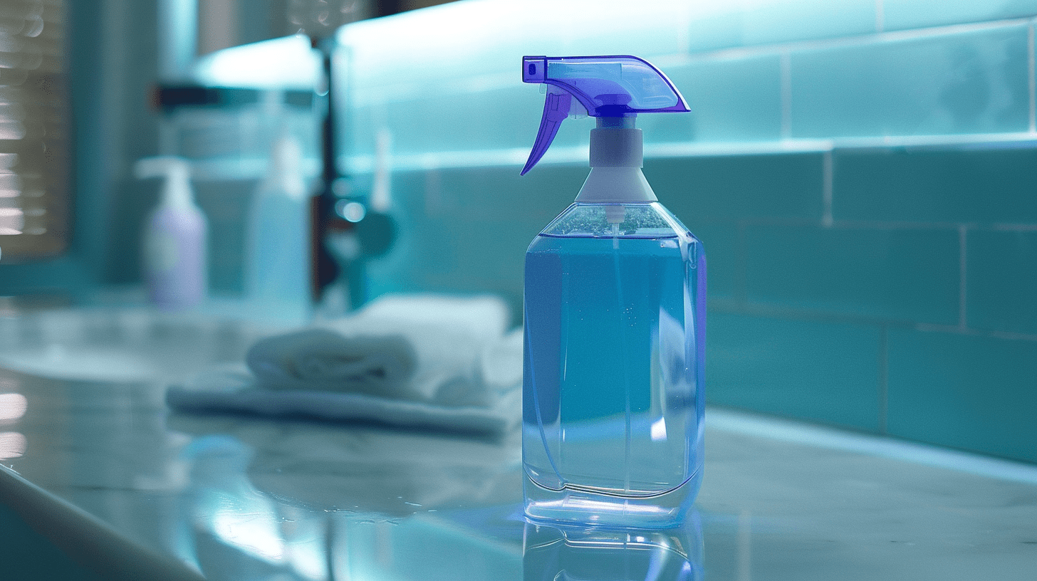 Spray bottle of homemade toilet cleaner sitting on bathroom counter
