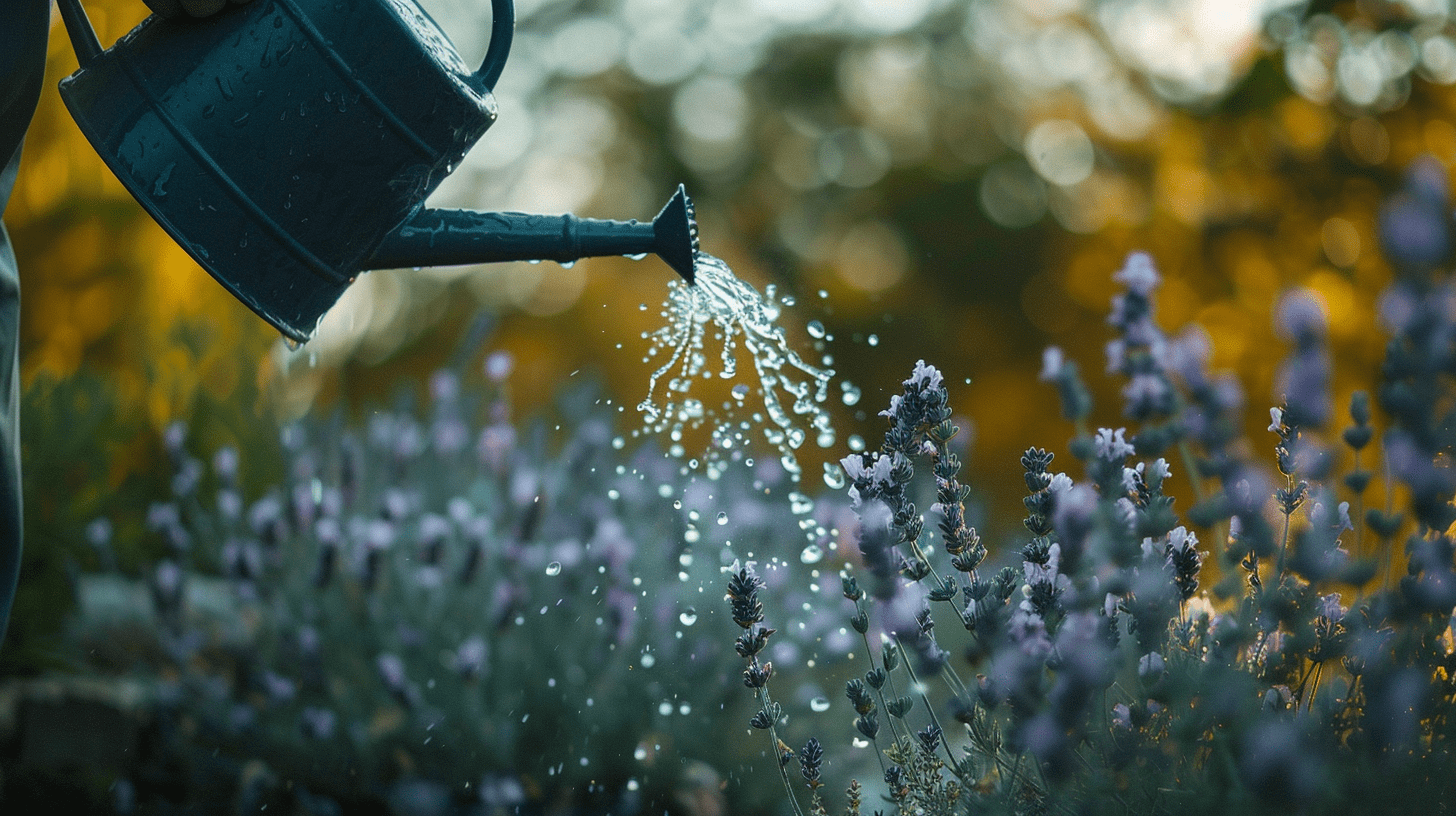 a person watering some lavender with a watering can